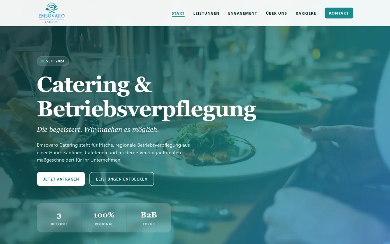 Startseite von emsovaro.com mit der Überschrift Catering und Betriebsverpflegung