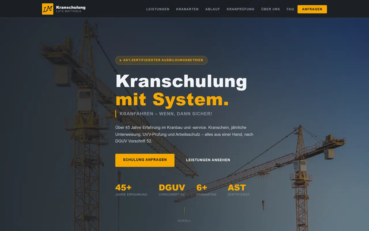 Startseite von lm-bks.de mit der Überschrift Kranschulung mit System