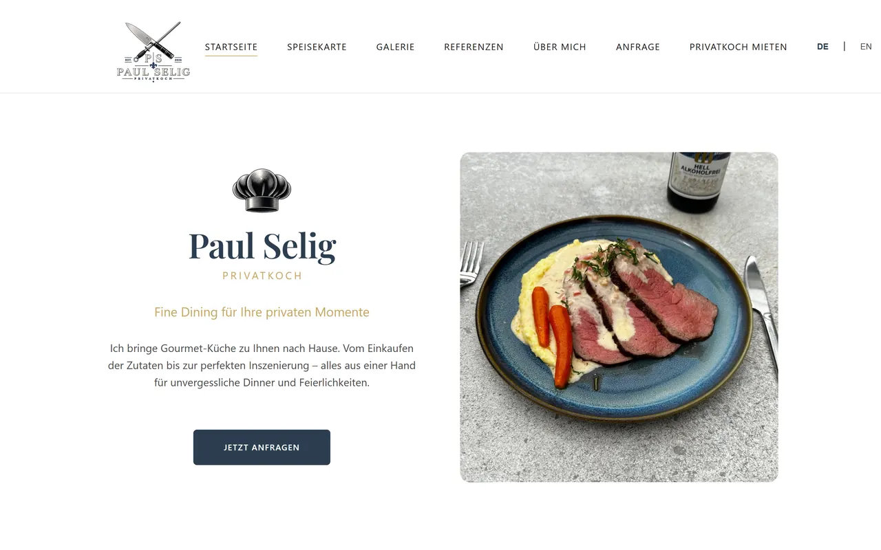 Startseite von paulselig-privatkoch.de mit angerichtetem Gericht und der Zeile Fine Dining für Ihre privaten Momente