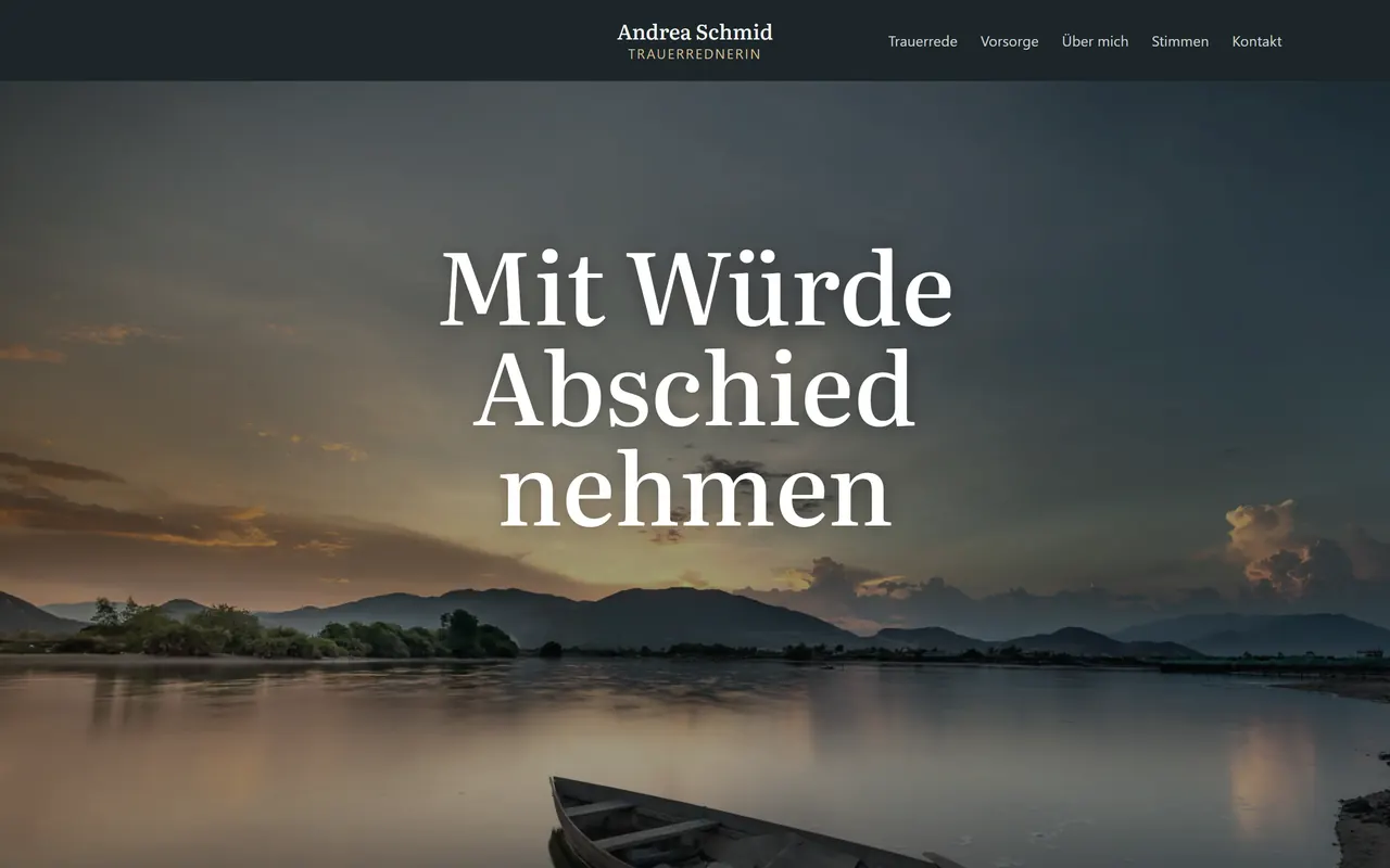 Startseite von trauerrednerin-schmid.de mit der Überschrift Mit Würde Abschied nehmen